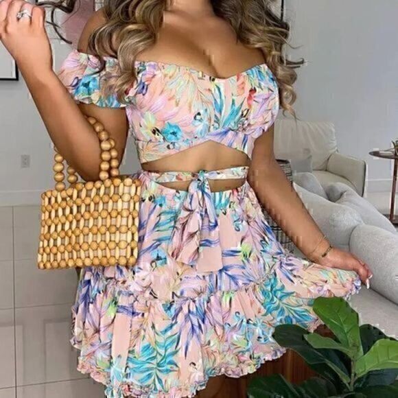 Dresses & Skirts - Off Shoulder Floral Print Top & Frill Hem Skirt Set Women Sets 2 Piece Set XL